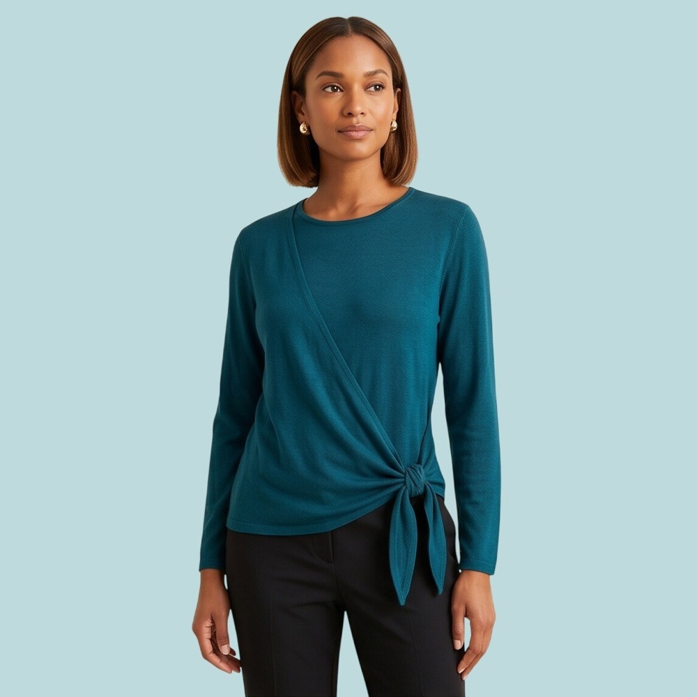 J. Jill XL Teal‎ Blue Side Tie Faux Wrap Knit Top Cashmere Blend